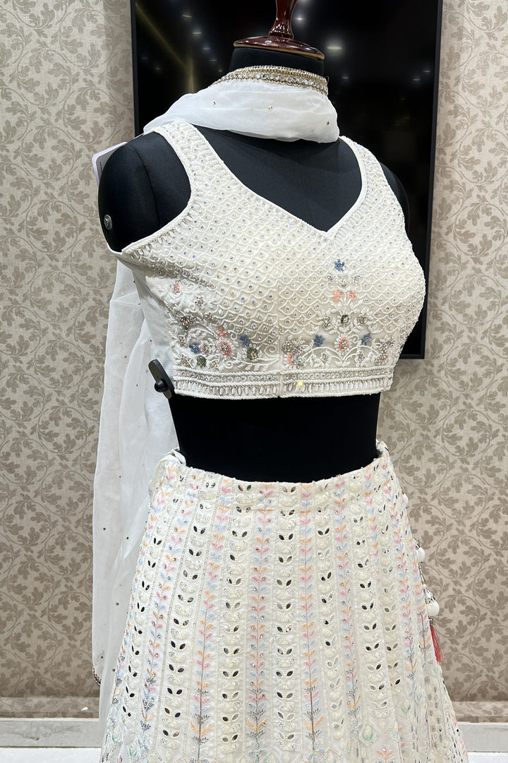 Cream Beads, Sequins, Stone and Multicolor Thread work Crop Top Lehenga