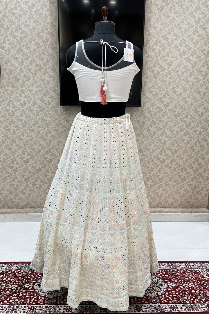 Cream Beads, Sequins, Stone and Multicolor Thread work Crop Top Lehenga