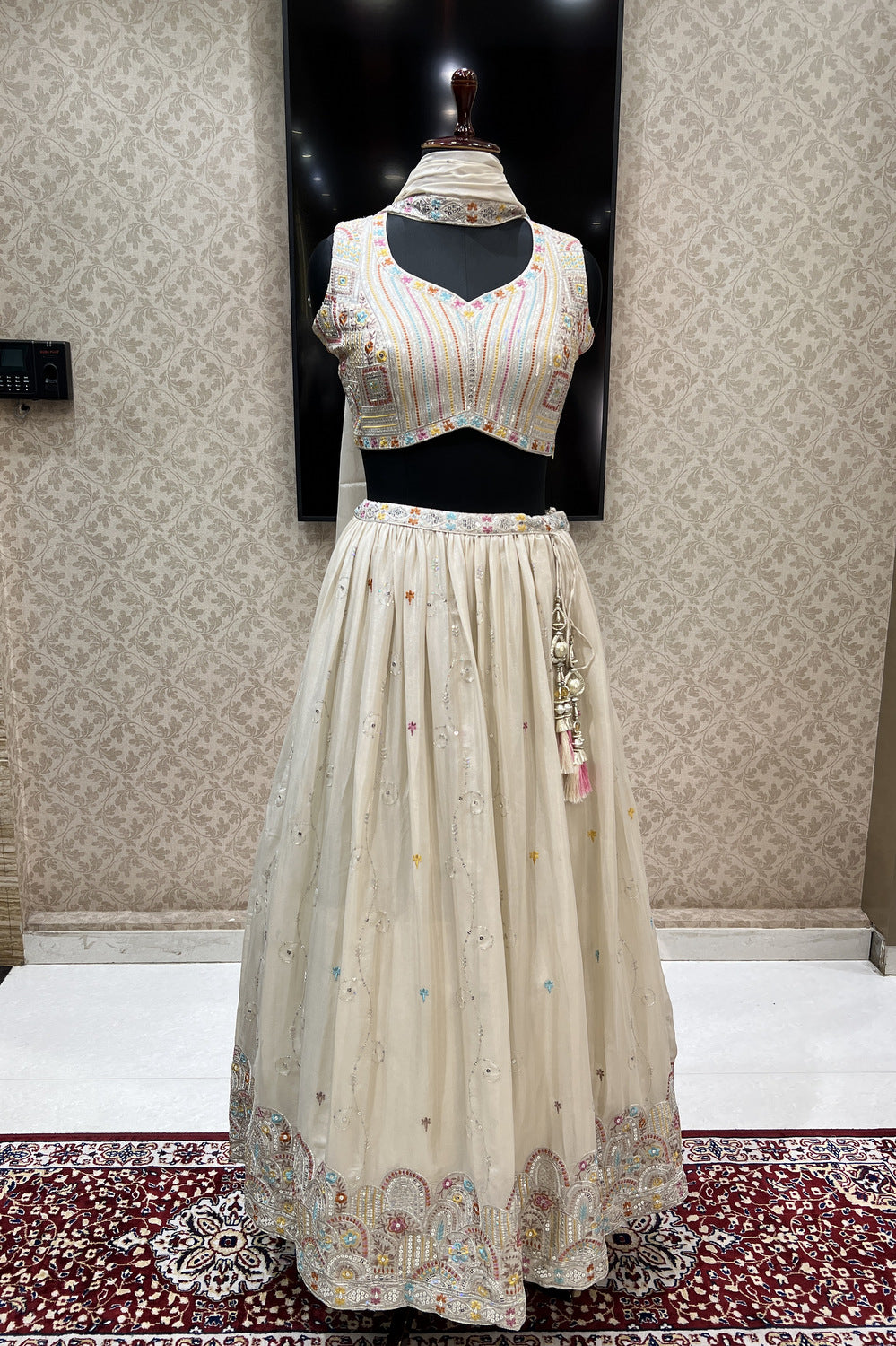 Beige Multicolor Thread, Sequins and Zari work Crop Top Lehenga