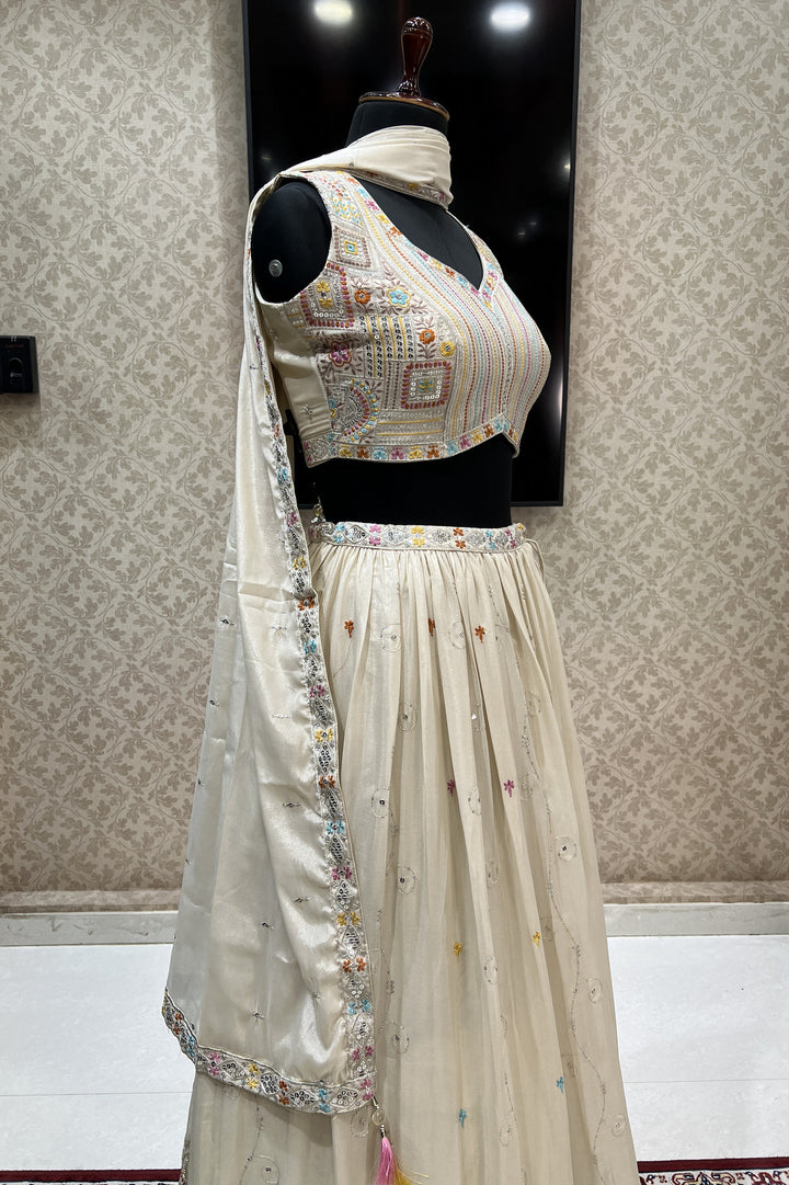 Beige Multicolor Thread, Sequins and Zari work Crop Top Lehenga