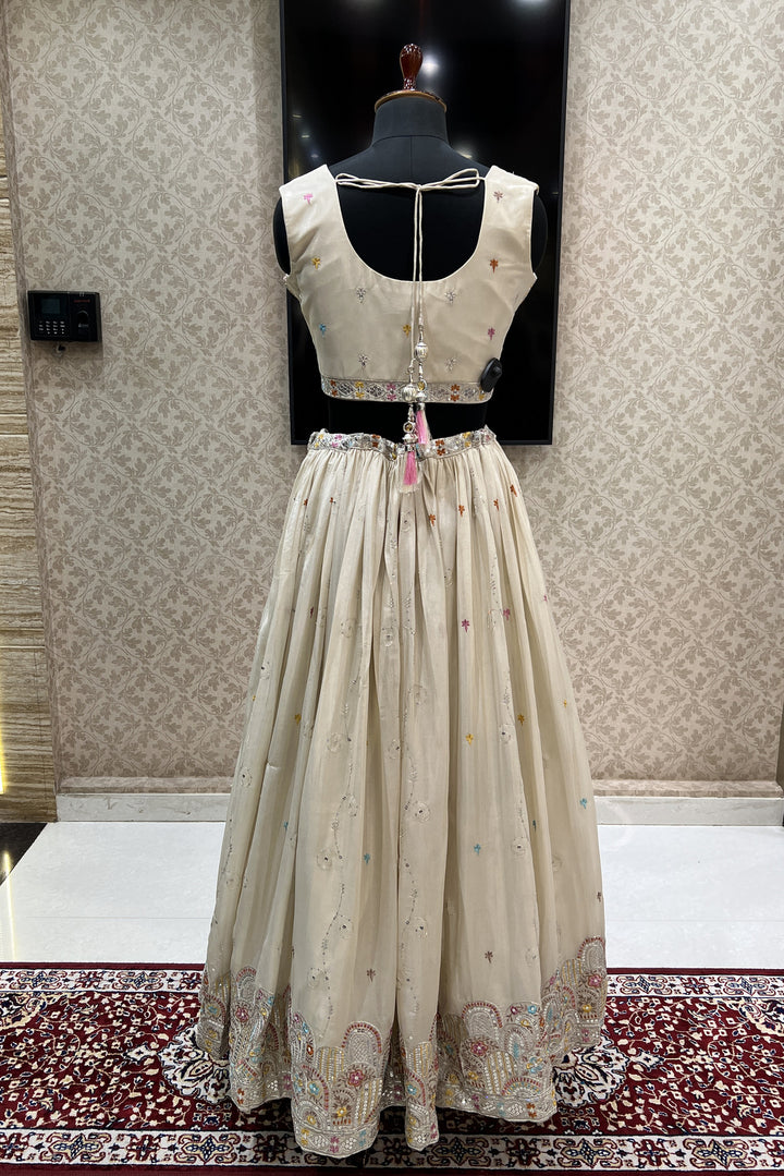 Beige Multicolor Thread, Sequins and Zari work Crop Top Lehenga