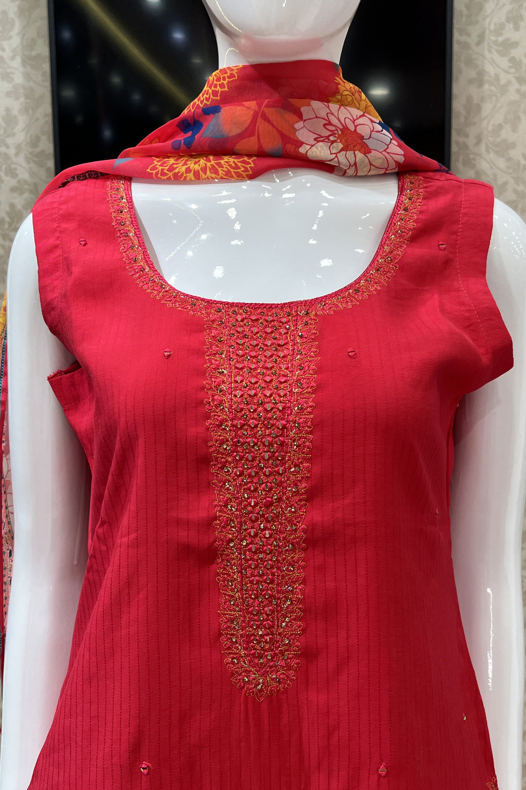 Red Stone, Thread and Mirror work Straight Cut Salwar Suit with Floral Print Dupatta