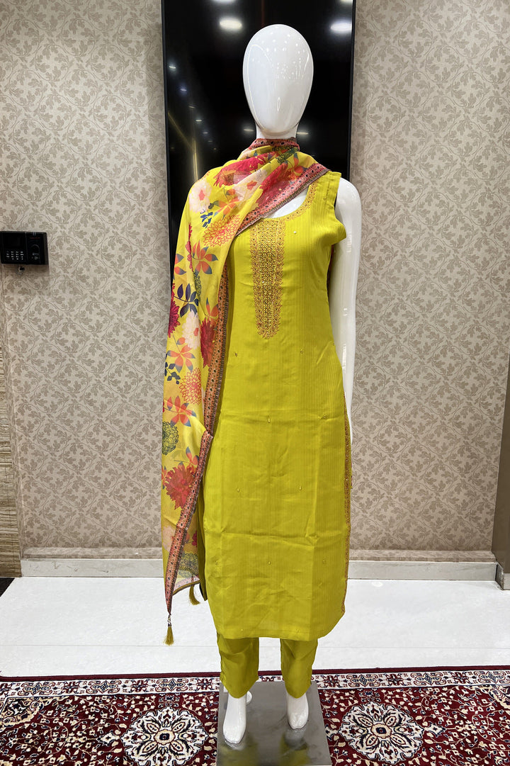 Liril Green Stone, Thread and Mirror work Straight Cut Salwar Suit with Floral Print Dupatta