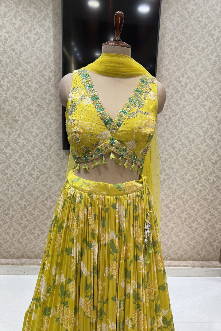 Lemon Yellow Zardozi, Beads, Mirror and Stone work with Digital Print Crop Top Lehenga