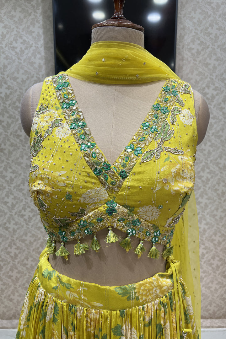 Lemon Yellow Zardozi, Beads, Mirror and Stone work with Digital Print Crop Top Lehenga