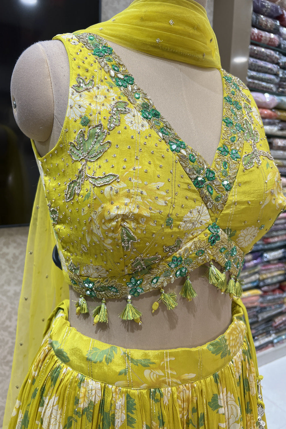 Lemon Yellow Zardozi, Beads, Mirror and Stone work with Digital Print Crop Top Lehenga