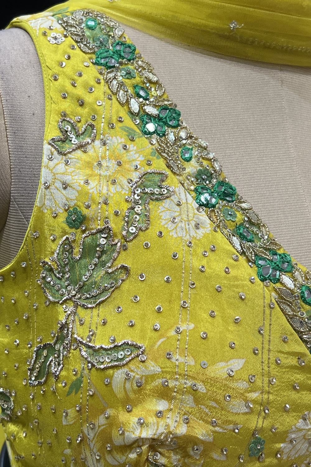 Lemon Yellow Zardozi, Beads, Mirror and Stone work with Digital Print Crop Top Lehenga