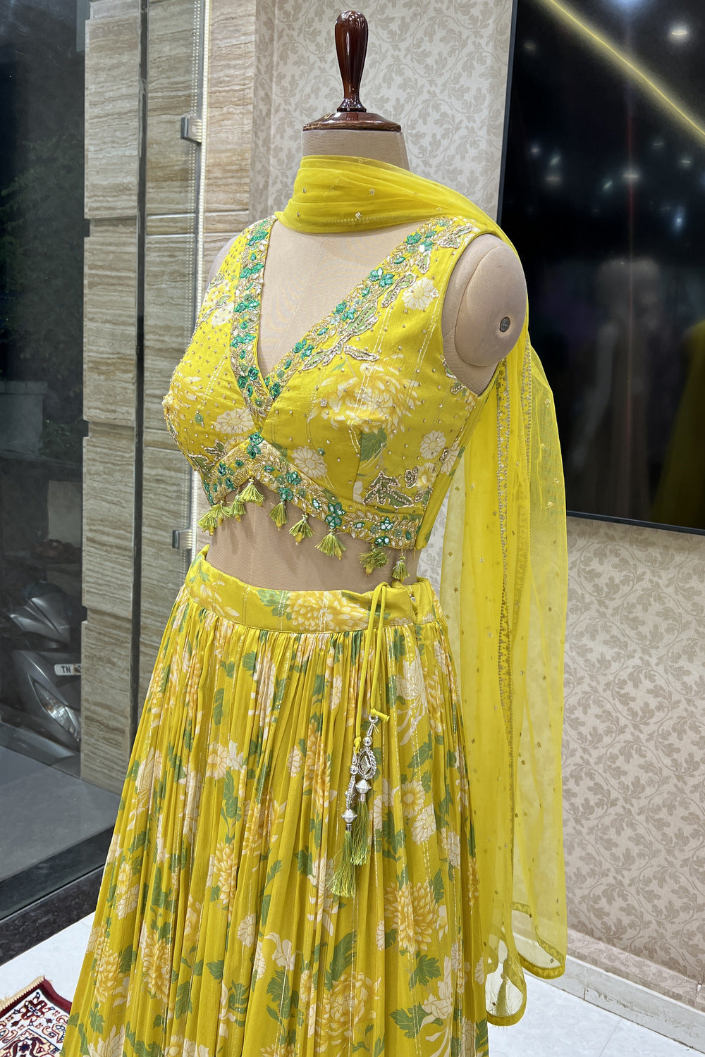 Lemon Yellow Zardozi, Beads, Mirror and Stone work with Digital Print Crop Top Lehenga