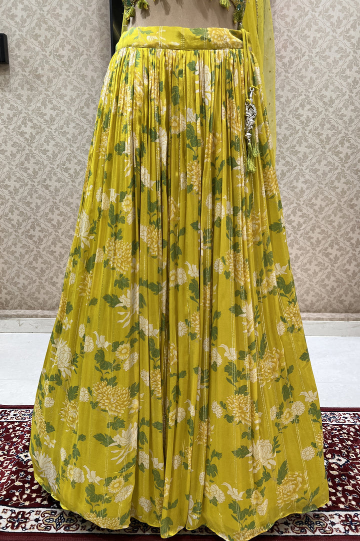 Lemon Yellow Zardozi, Beads, Mirror and Stone work with Digital Print Crop Top Lehenga