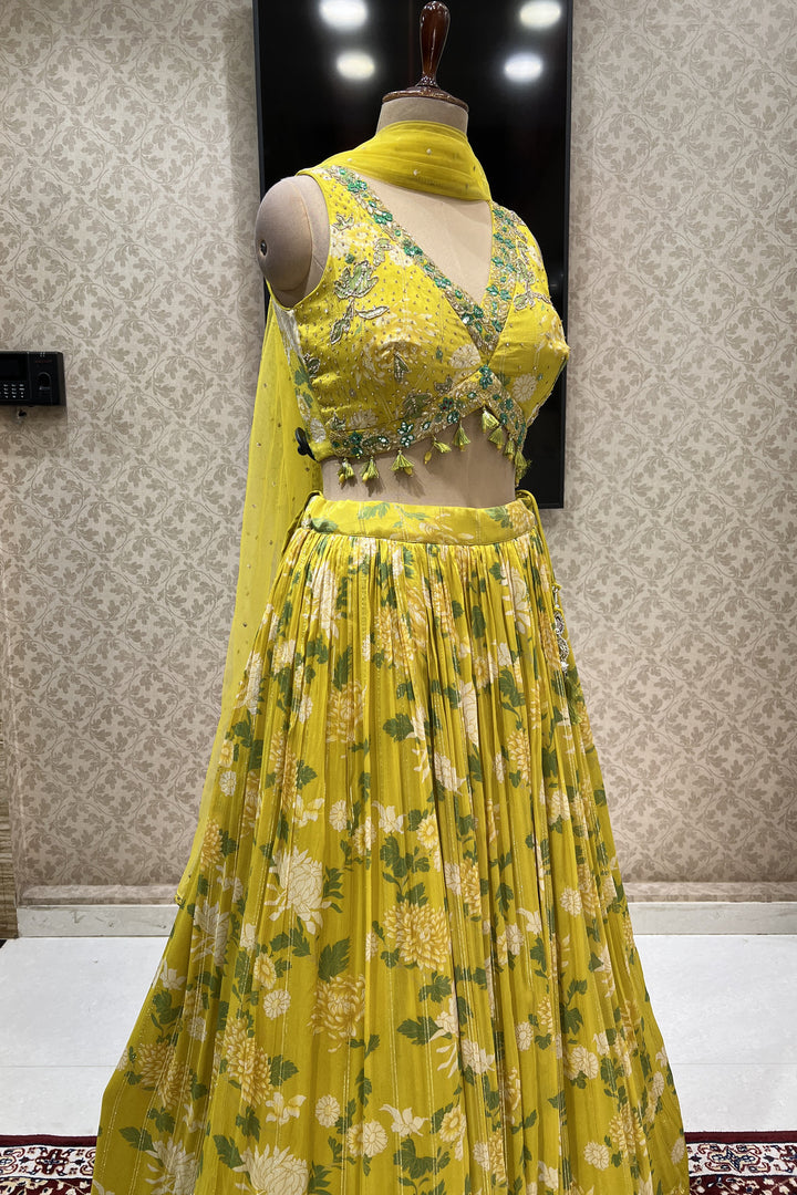 Lemon Yellow Zardozi, Beads, Mirror and Stone work with Digital Print Crop Top Lehenga