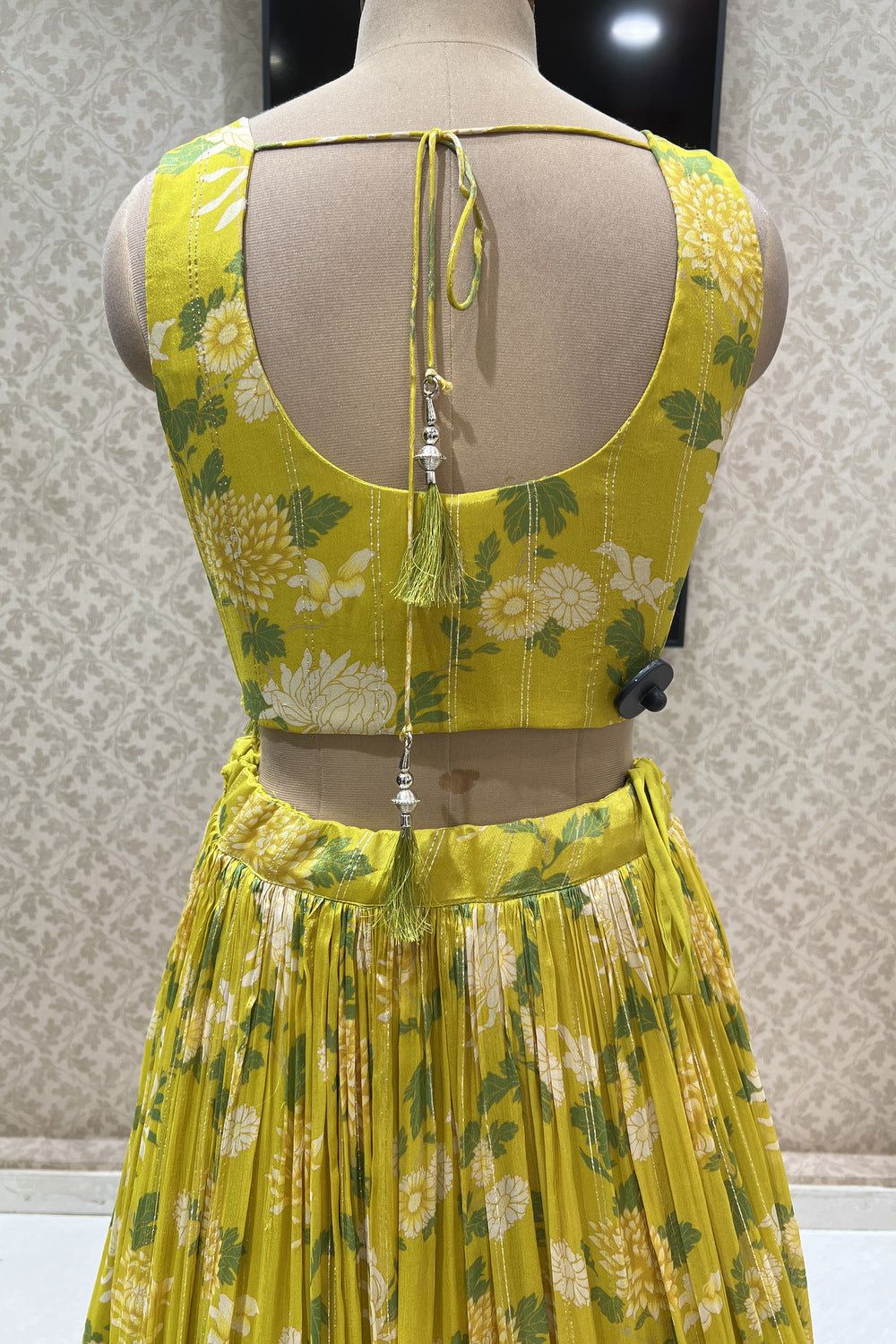 Lemon Yellow Zardozi, Beads, Mirror and Stone work with Digital Print Crop Top Lehenga