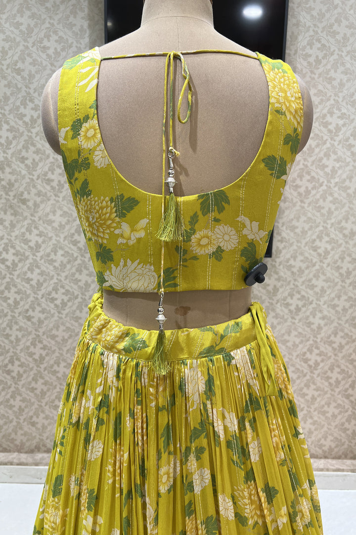 Lemon Yellow Zardozi, Beads, Mirror and Stone work with Digital Print Crop Top Lehenga