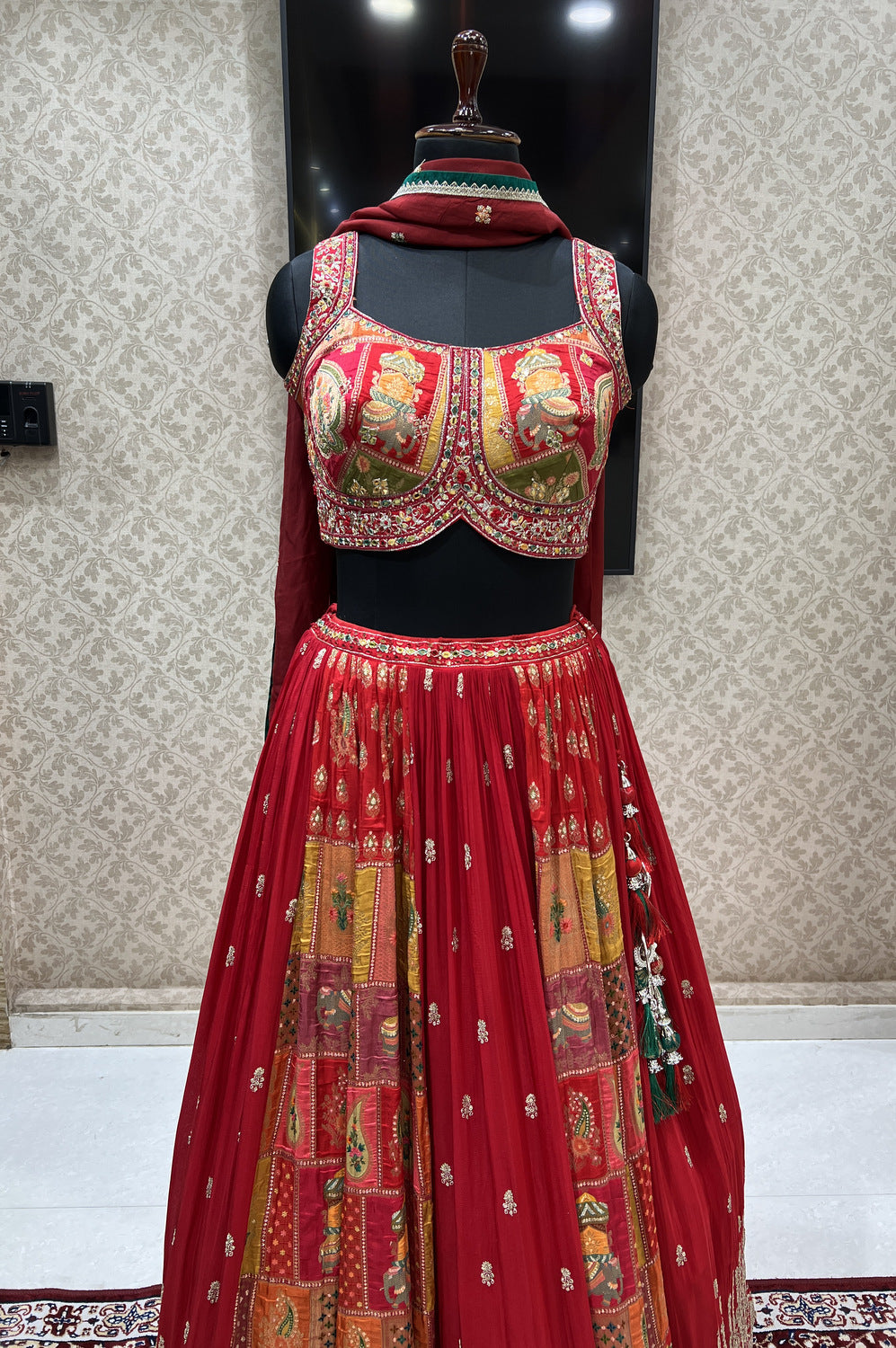 Red Banaras, Stone, Mirror, Thread and Sequins work Crop Top Lehenga