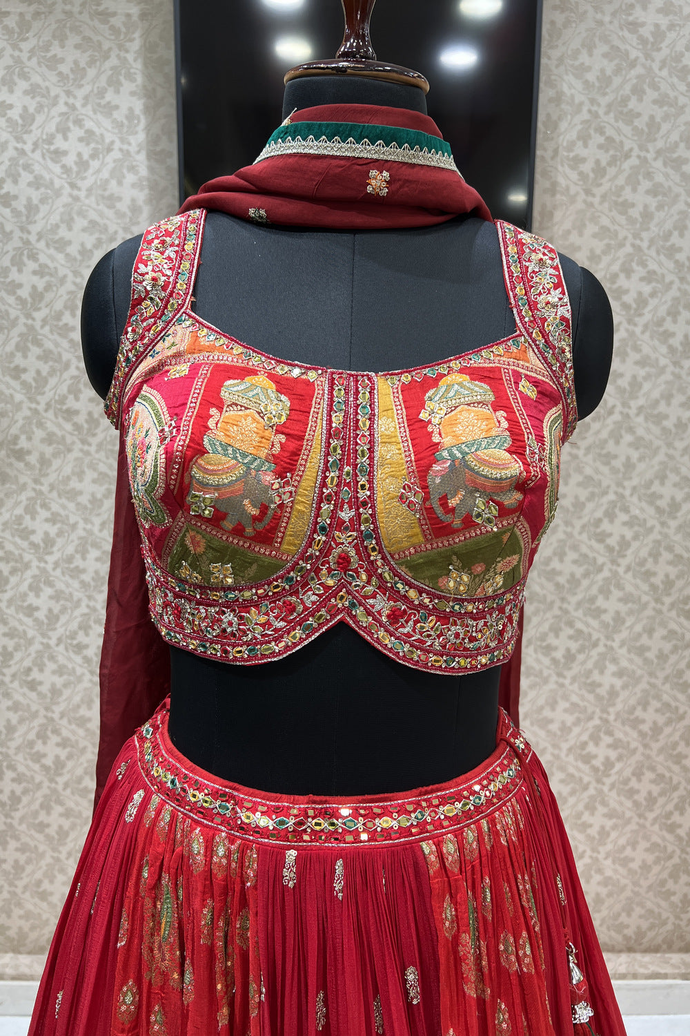 Red Banaras, Stone, Mirror, Thread and Sequins work Crop Top Lehenga