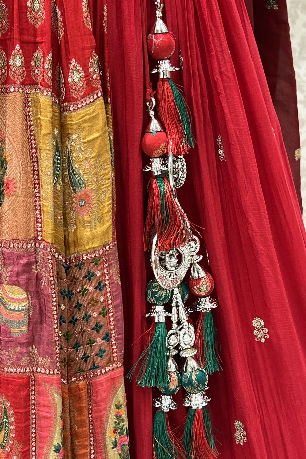 Red Banaras, Stone, Mirror, Thread and Sequins work Crop Top Lehenga