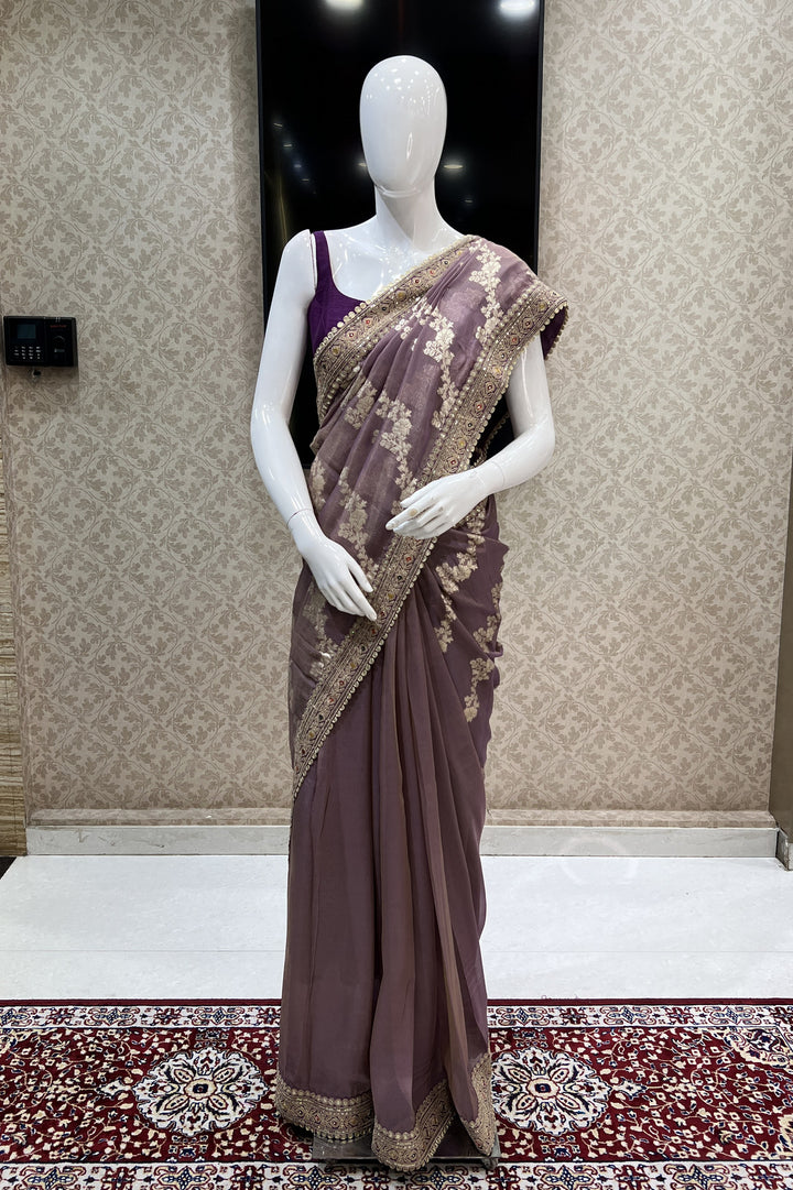 Lavender Multicolor Thread Banaras, Sequins and Zari work Saree