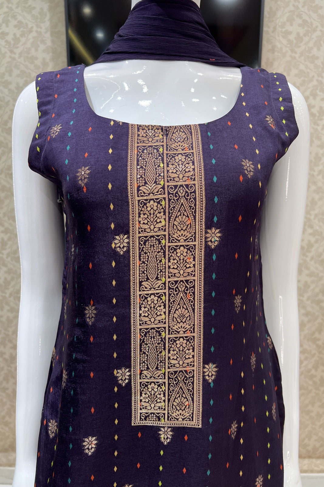 Dark Purple Banaras work Straight Cut Salwar Suit