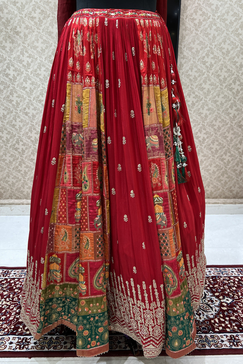 Red Banaras, Stone, Mirror, Thread and Sequins work Crop Top Lehenga