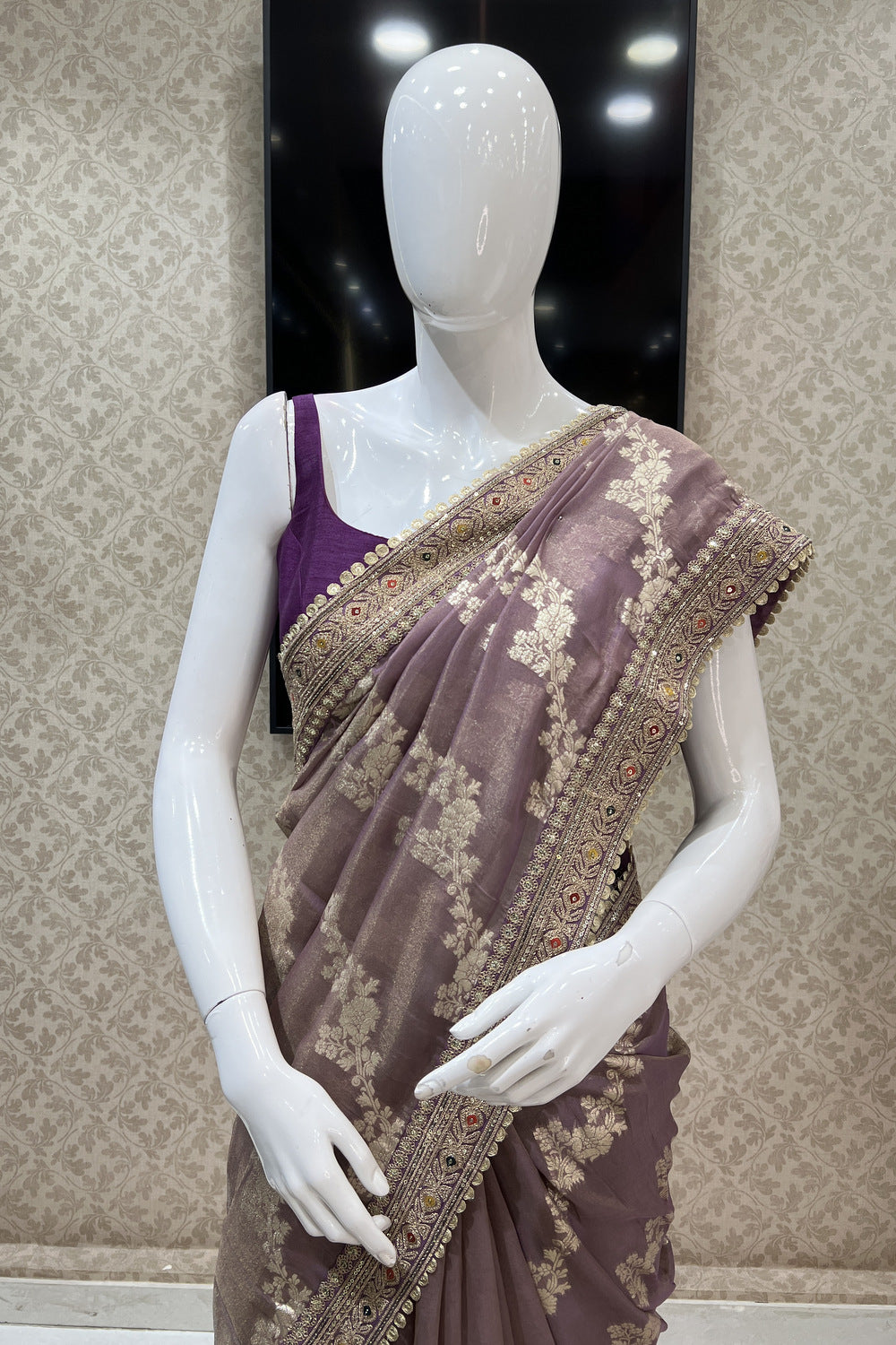 Lavender Multicolor Thread Banaras, Sequins and Zari work Saree