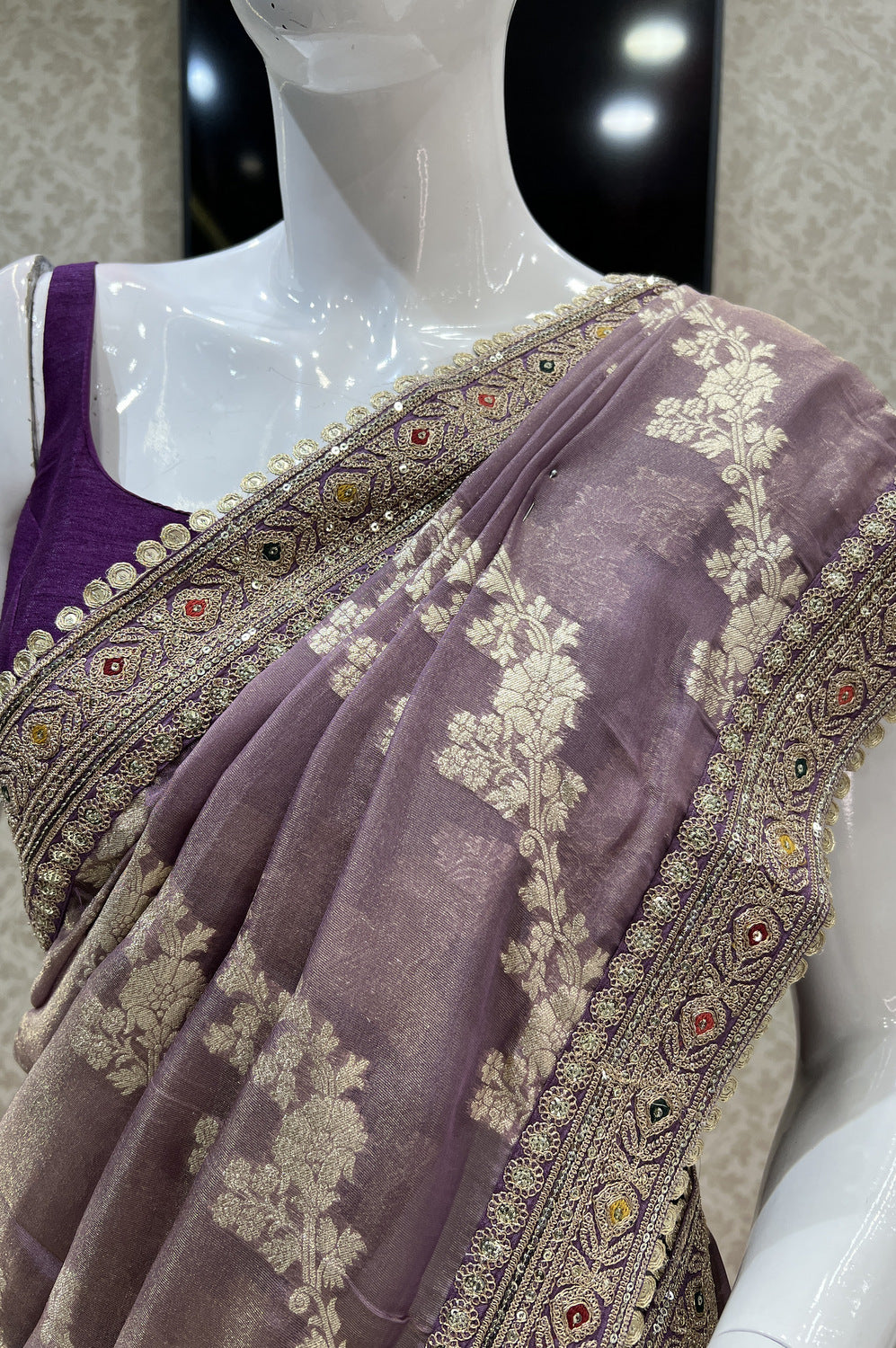 Lavender Multicolor Thread Banaras, Sequins and Zari work Saree