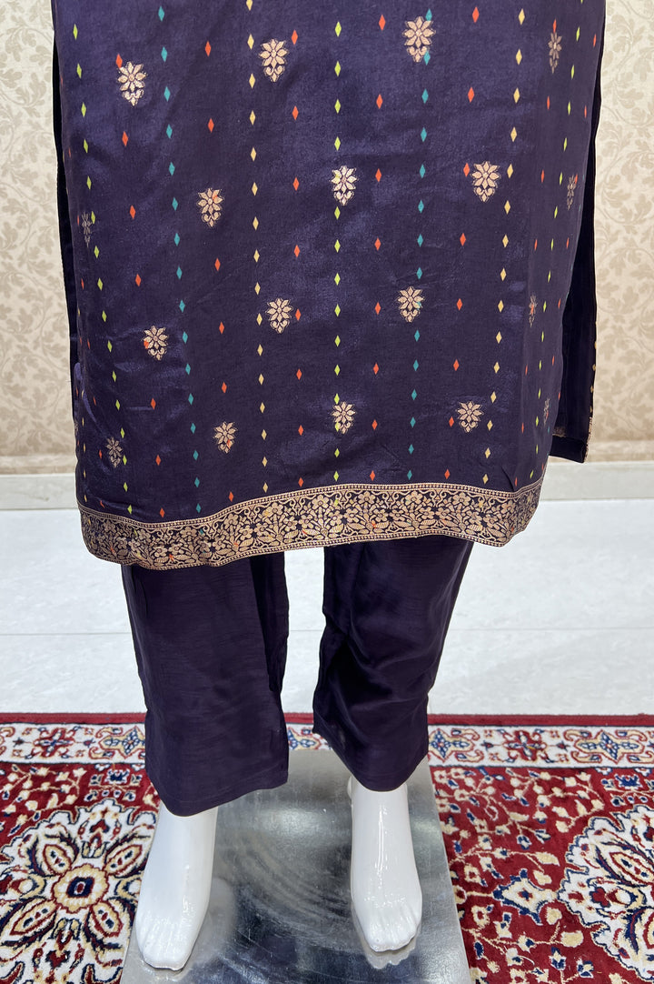 Dark Purple Banaras work Straight Cut Salwar Suit