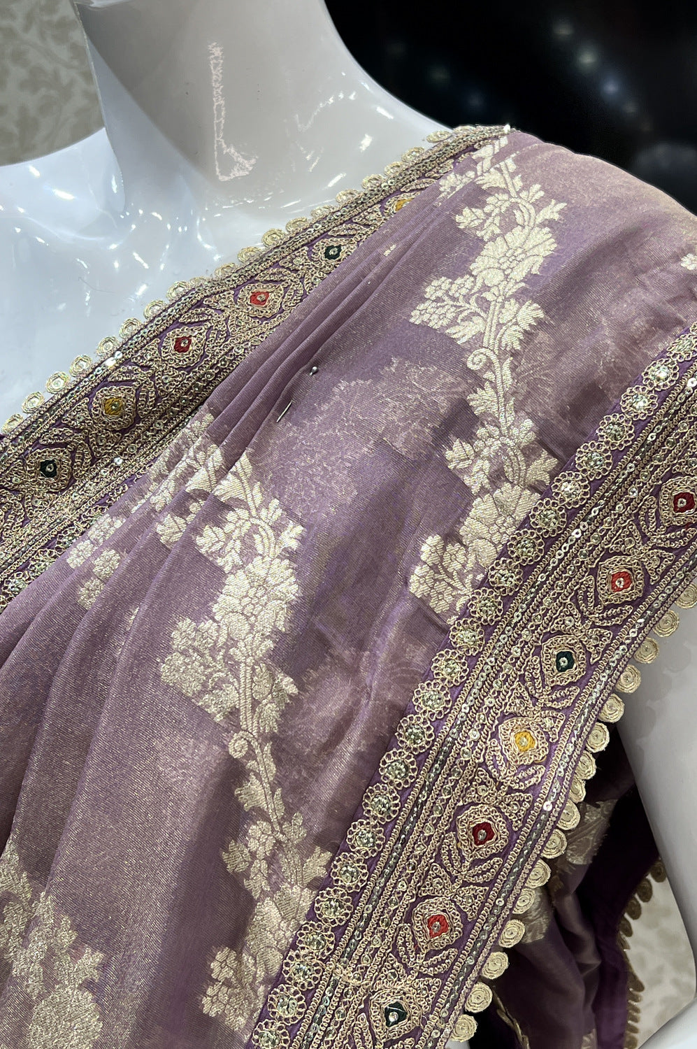 Lavender Multicolor Thread Banaras, Sequins and Zari work Saree