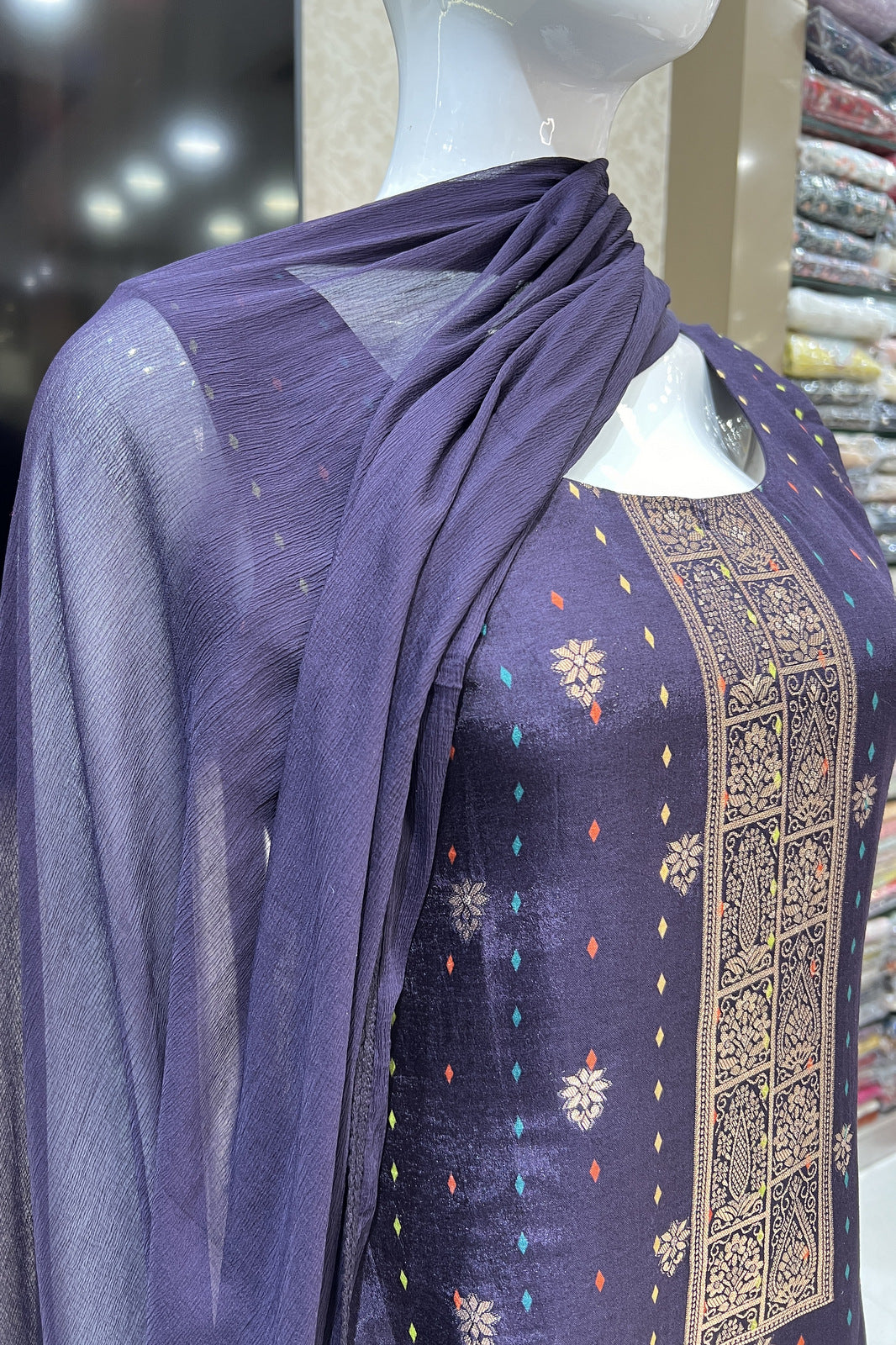 Dark Purple Banaras work Straight Cut Salwar Suit