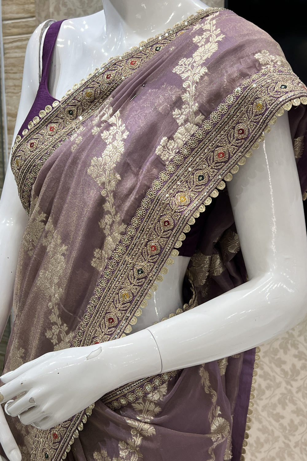 Lavender Multicolor Thread Banaras, Sequins and Zari work Saree