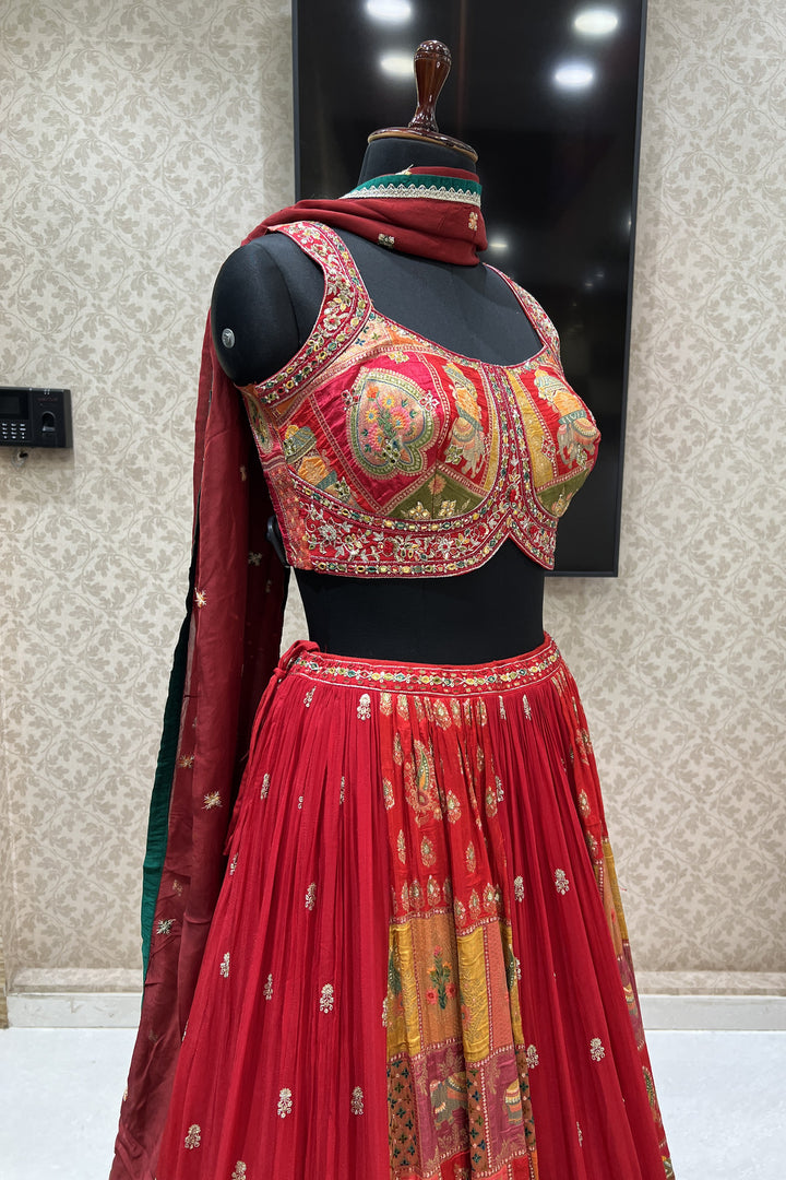 Red Banaras, Stone, Mirror, Thread and Sequins work Crop Top Lehenga