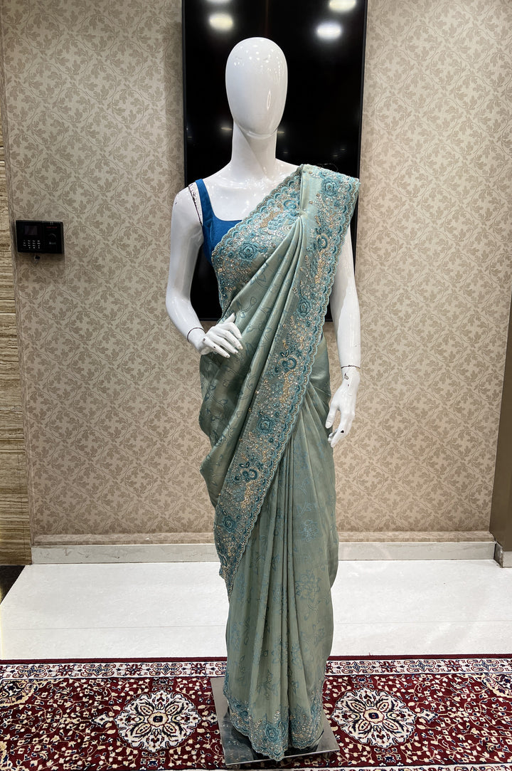 Sea Green Banaras, Stone, Sequins, Zari and Thread work Saree