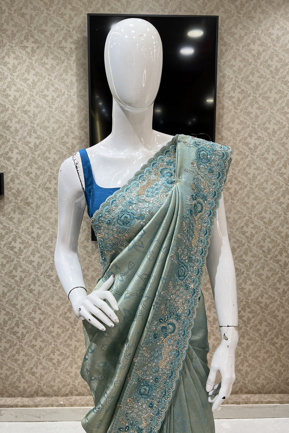 Sea Green Banaras, Stone, Sequins, Zari and Thread work Saree