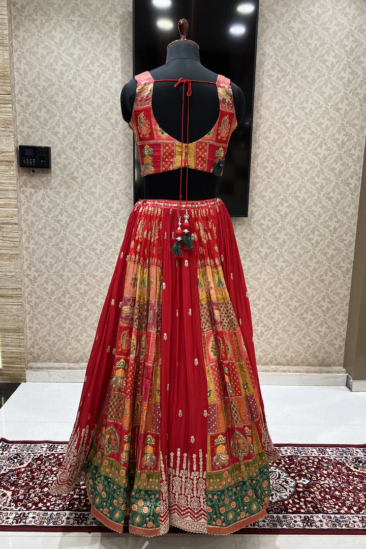 Red Banaras, Stone, Mirror, Thread and Sequins work Crop Top Lehenga