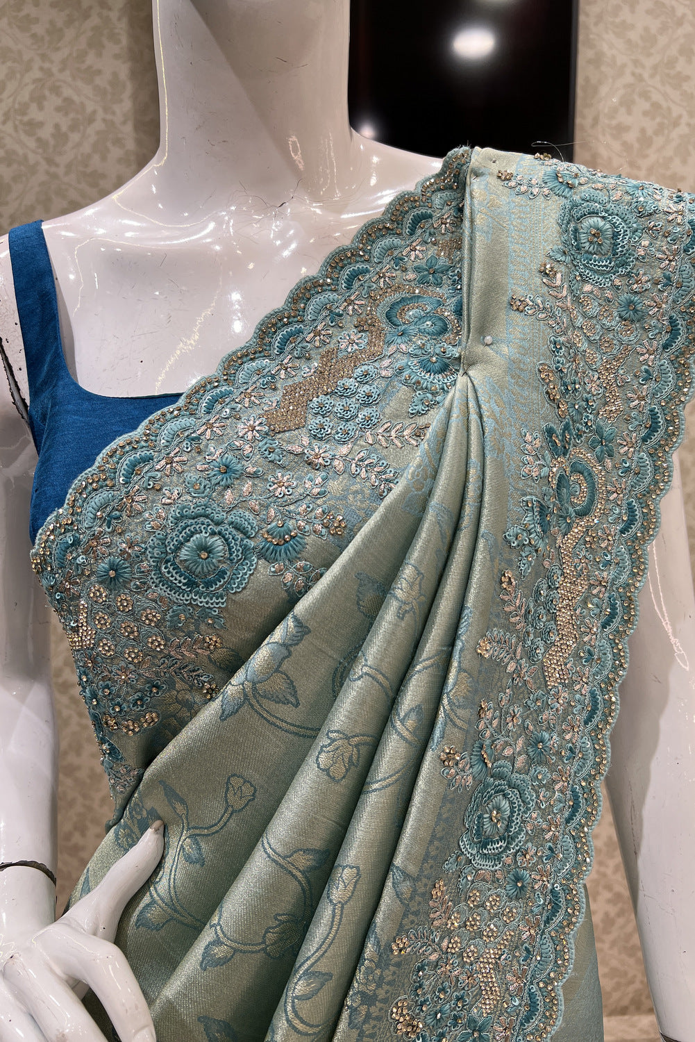 Sea Green Banaras, Stone, Sequins, Zari and Thread work Saree