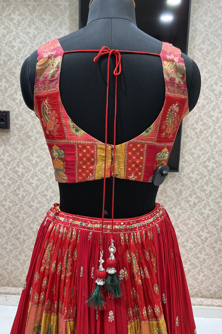 Red Banaras, Stone, Mirror, Thread and Sequins work Crop Top Lehenga