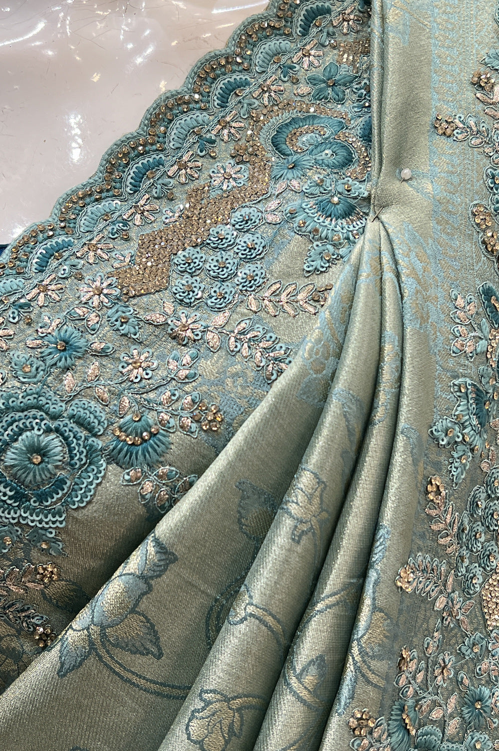 Sea Green Banaras, Stone, Sequins, Zari and Thread work Saree