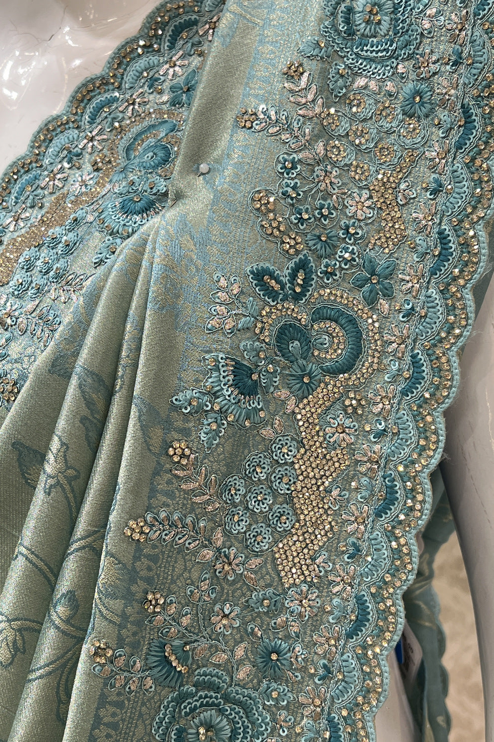 Sea Green Banaras, Stone, Sequins, Zari and Thread work Saree