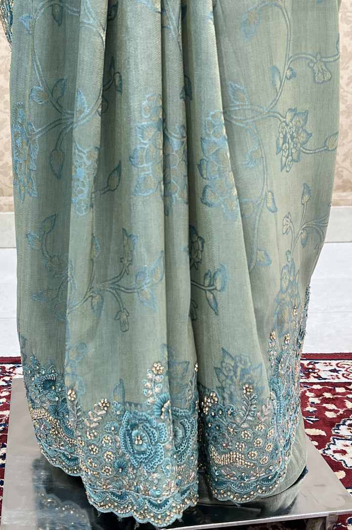 Sea Green Banaras, Stone, Sequins, Zari and Thread work Saree