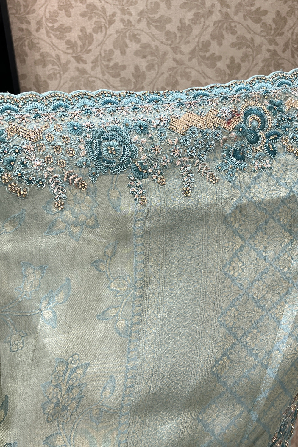 Sea Green Banaras, Stone, Sequins, Zari and Thread work Saree