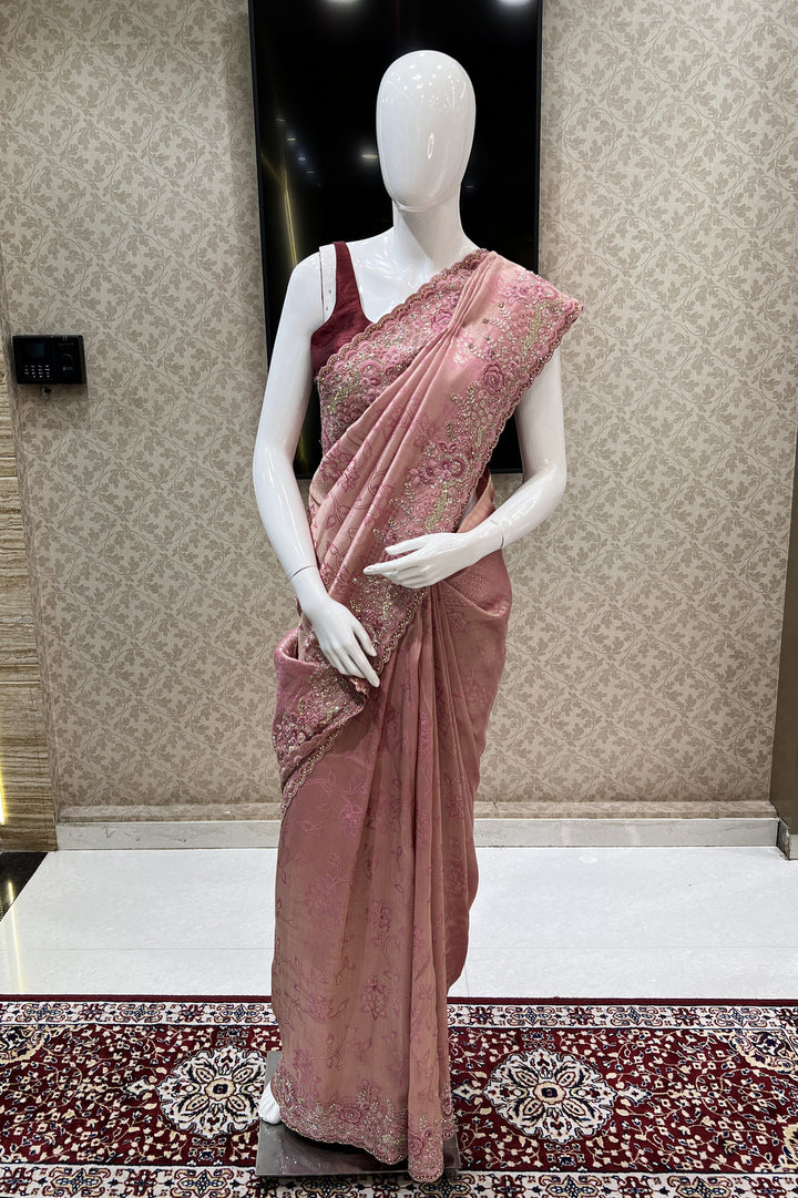 Onion Pink Banaras, Stone, Sequins, Zari and Thread work Saree