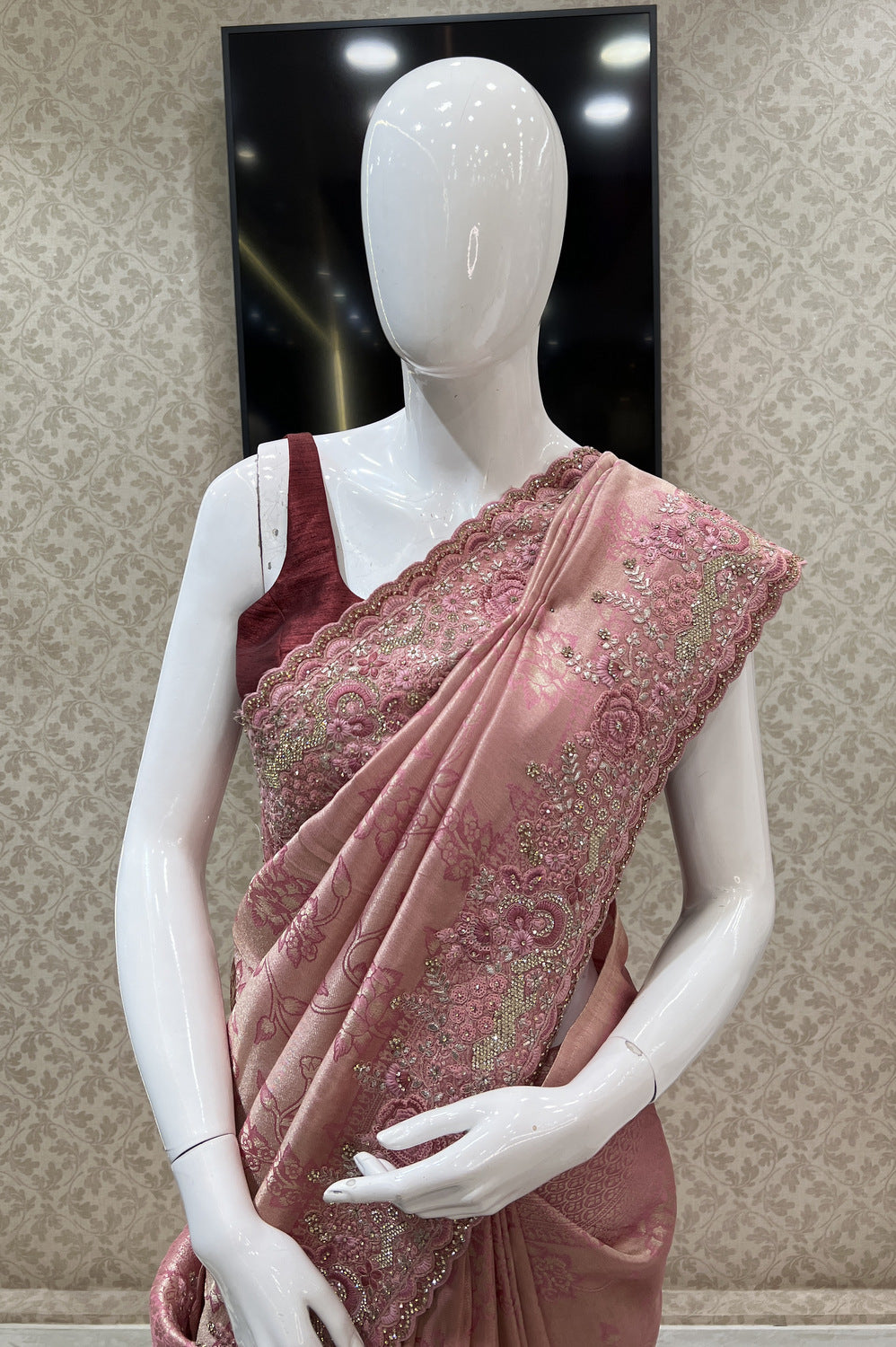 Onion Pink Banaras, Stone, Sequins, Zari and Thread work Saree