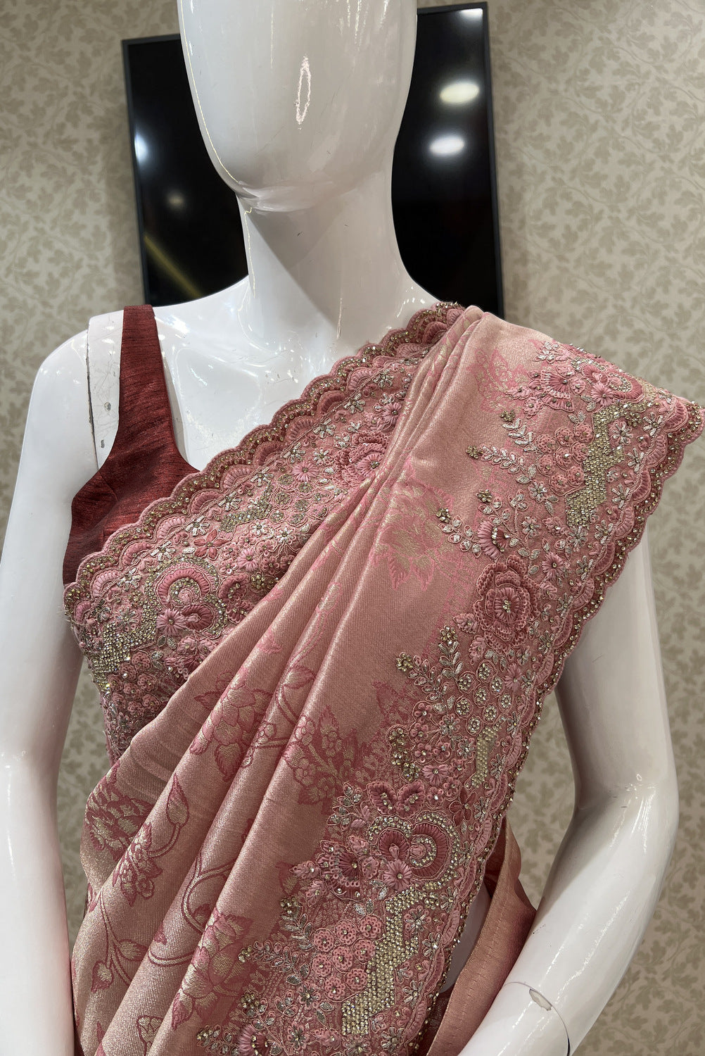 Onion Pink Banaras, Stone, Sequins, Zari and Thread work Saree