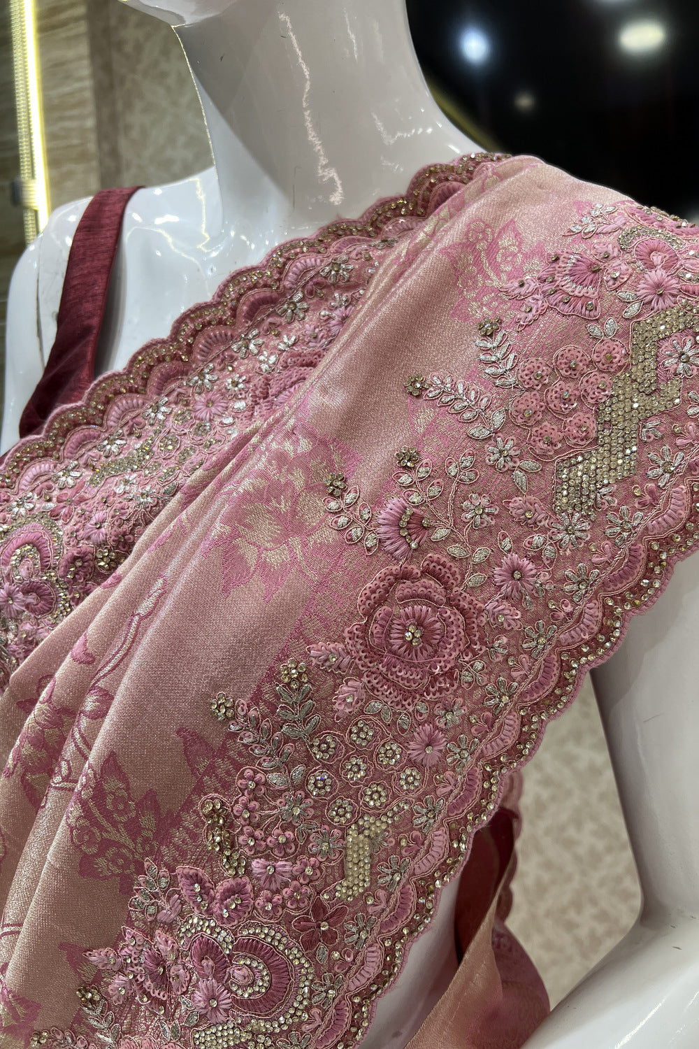 Onion Pink Banaras, Stone, Sequins, Zari and Thread work Saree