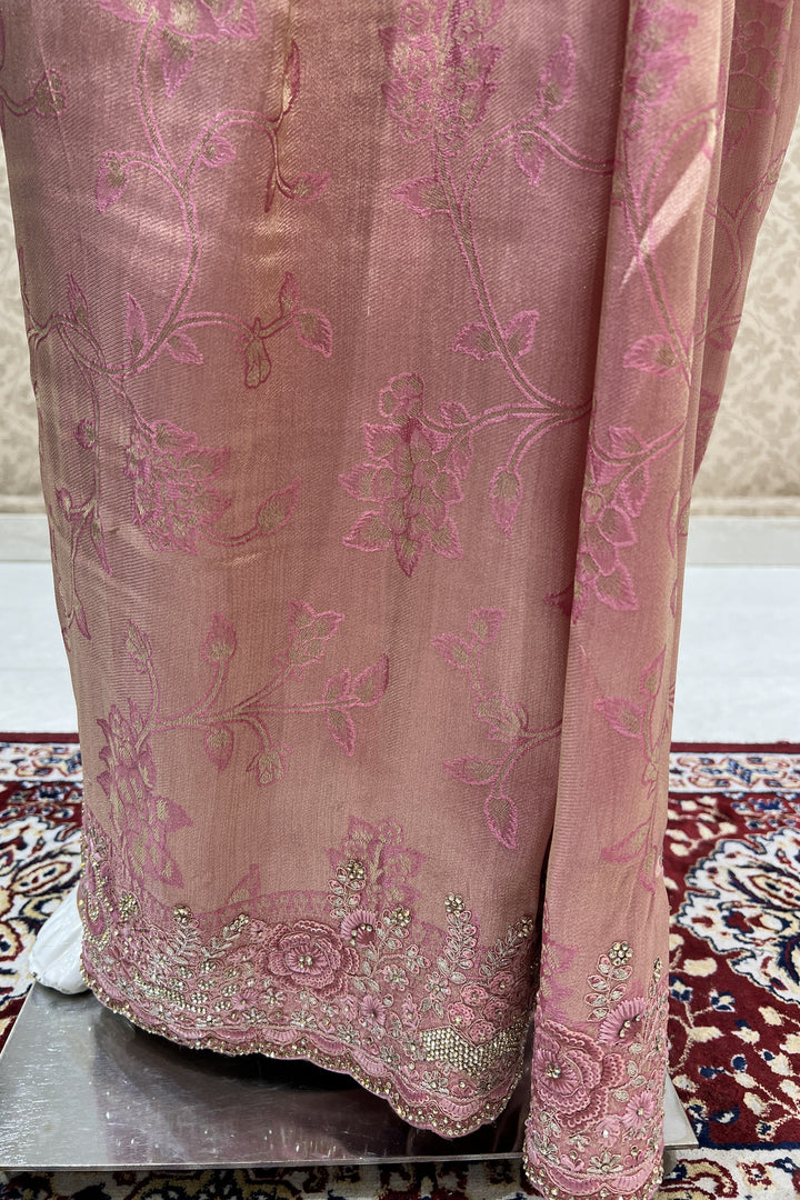 Onion Pink Banaras, Stone, Sequins, Zari and Thread work Saree