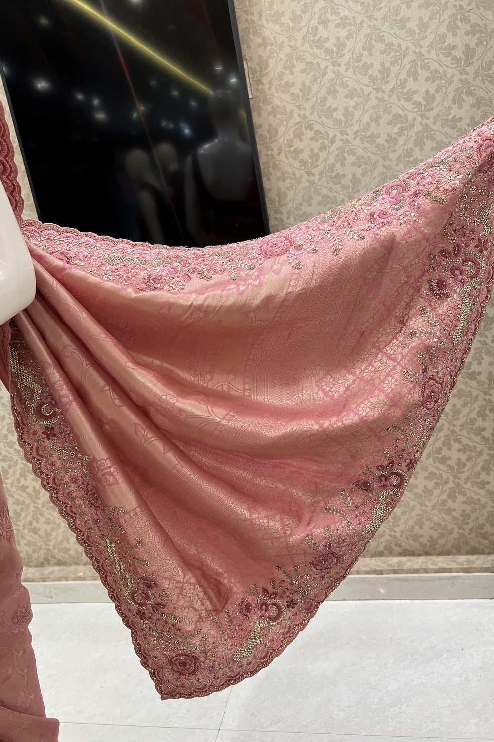 Onion Pink Banaras, Stone, Sequins, Zari and Thread work Saree