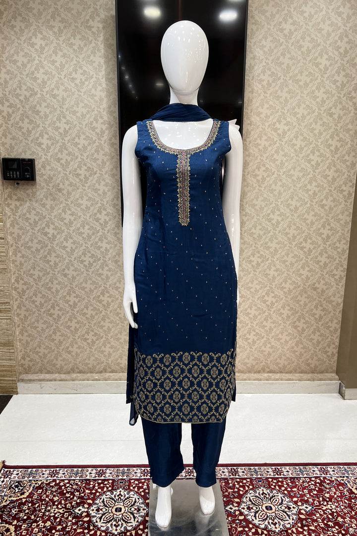 Teal Blue Banaras, Zardozi, Beads and Stone work Straight Cut Salwar Suit