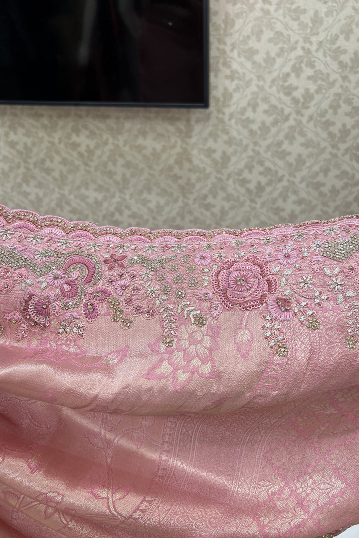 Onion Pink Banaras, Stone, Sequins, Zari and Thread work Saree