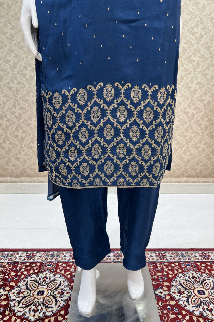 Teal Blue Banaras, Zardozi, Beads and Stone work Straight Cut Salwar Suit