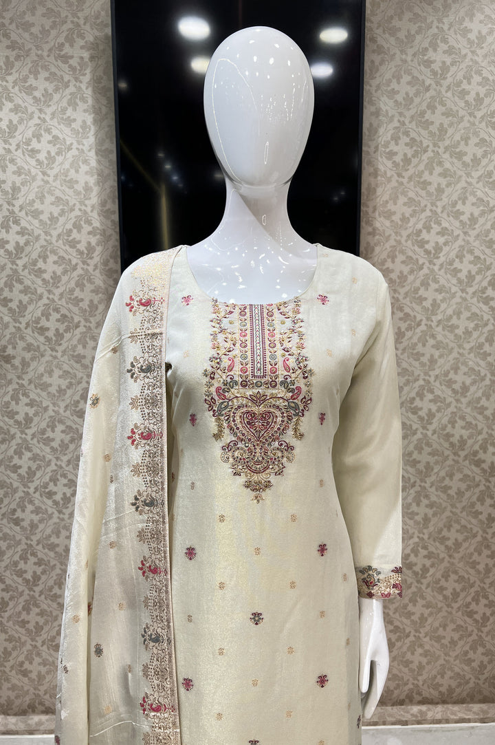 Cream Banaras, Zardozi, Sequins and Stone work Straight Cut Salwar Suit