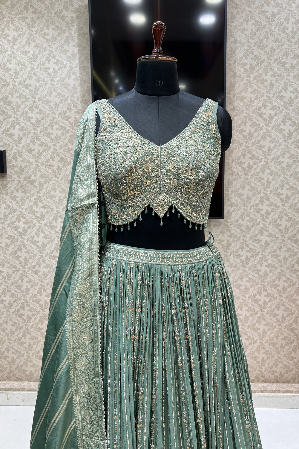 Sea Green Beads, Mirror, Sequins, Zari, Zardozi and Banaras work Crop Top Lehenga