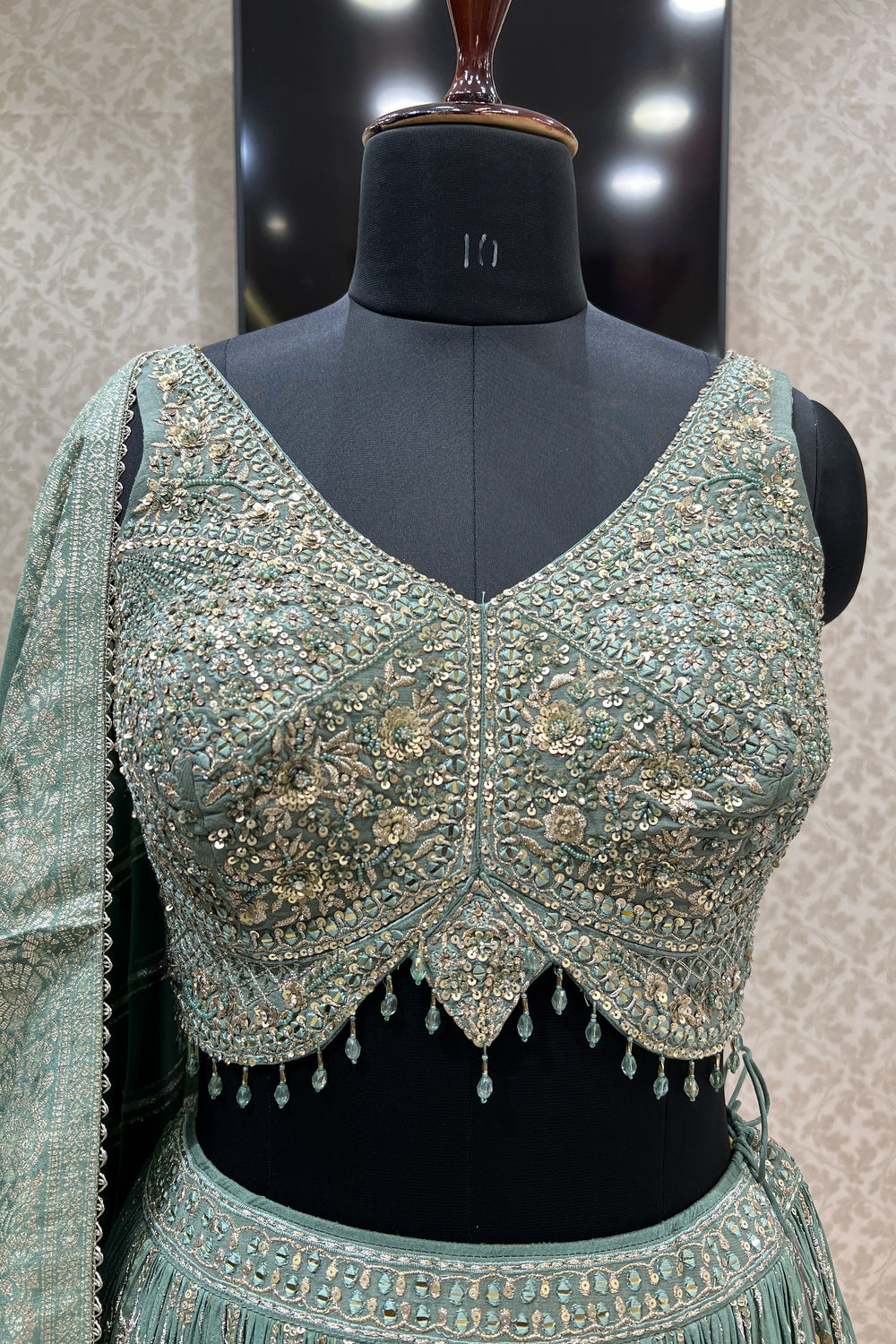 Sea Green Beads, Mirror, Sequins, Zari, Zardozi and Banaras work Crop Top Lehenga